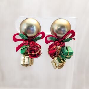 Vintage Clip On Earrings Retro Christmas Dangle 2" Long Dangle Gifts Presents